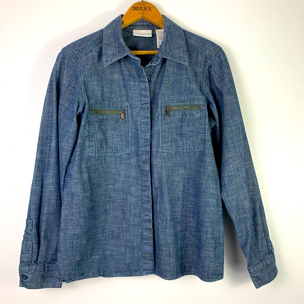 Liz Claiborne Denim Button Up Shirt Jacket Zipper Pockets Size Medium